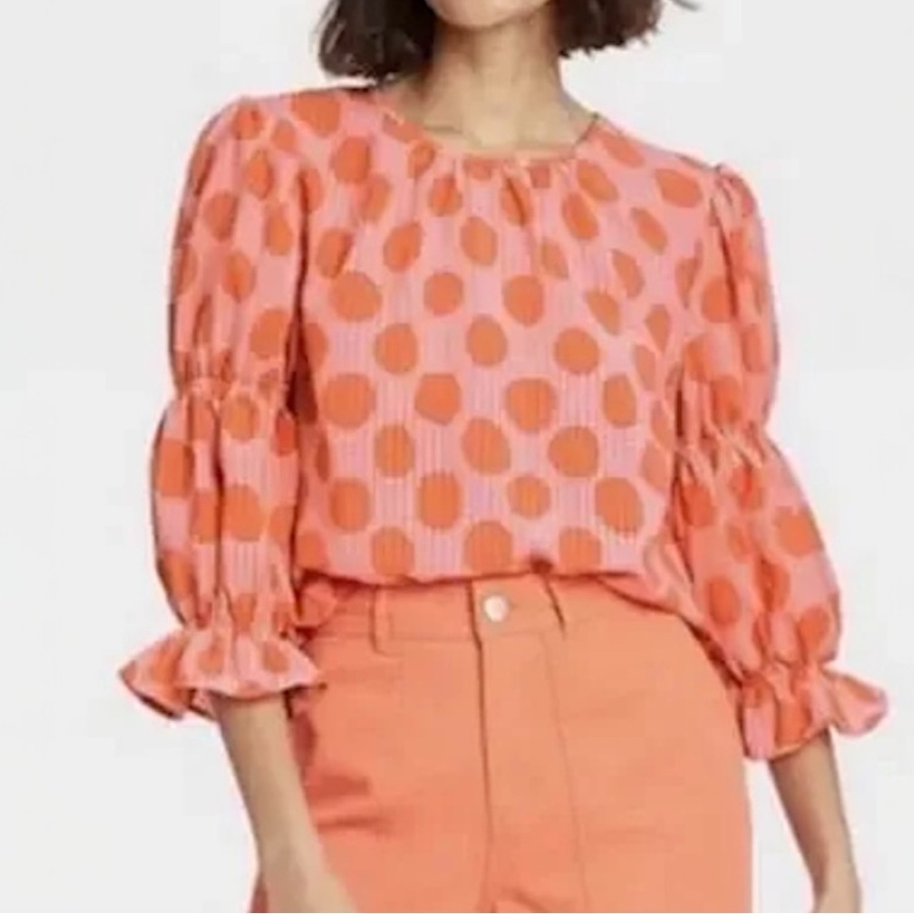 WHO WHAT WEAR Polka Dot 3/4-Sleeve Blouse, Small